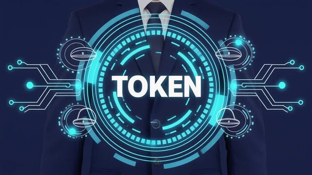 濃紺の背景で白いAI Token文字を青い円形表示と左右対称の電子回路が囲む
