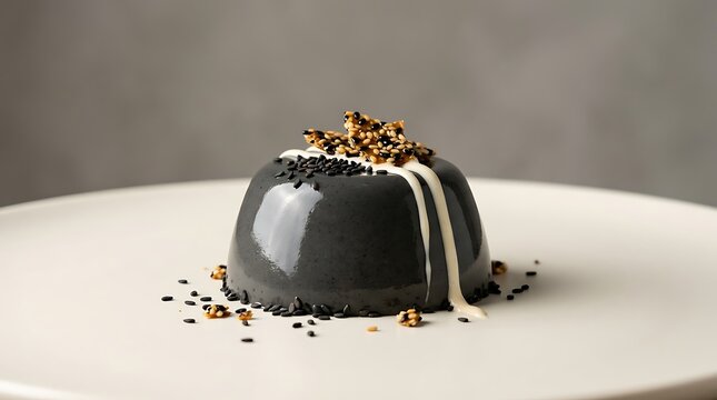 Black Sesame Panna Cotta: A decadent black sesame panna cotta, adorned with white drizzle and golden crumbs, offers a visually striking and flavorful dessert experience.