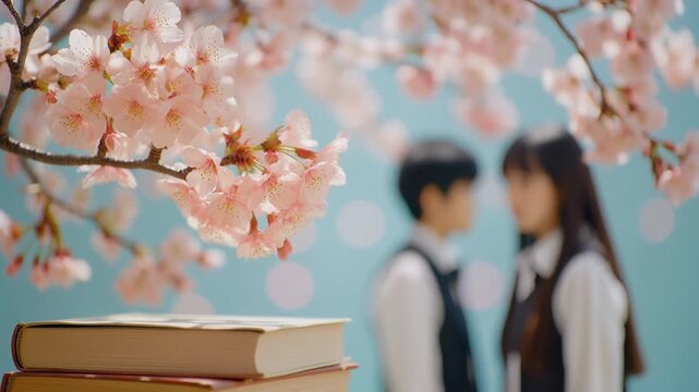 満開の桜と厚い本に焦点が合い背景の男子学生と女子学生が柔らかくぼける春の学校風景