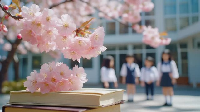 満開の桜と閉じた本に鮮明な焦点が合い背景で男子学生と女子学生が柔らかくぼける