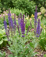 Fototapeta premium Purple Salvia flower spikes growing in a colorful garden 