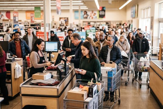 Shoppers waiting in line at a grocery store checkout with carts  