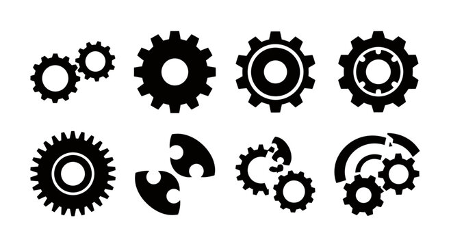 Collection of black gear icons and cog wheels in varied sizes for design and engineering illustrations.