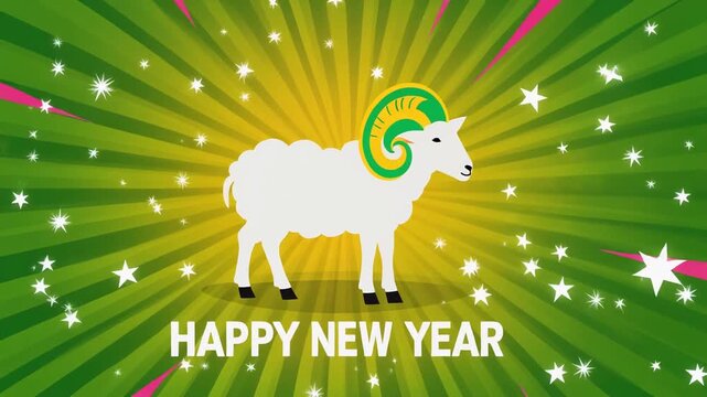 鮮やかな黄緑の背景で正面を向く白い羊と放射状の光線と星が広がる祝祭的な未年デザイン