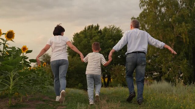 Family Walking in Nature, Grandparents with Grandchild Outdoors, Generations Together in Field, Peaceful Family Time, Holding Hands in Countryside, Spring or Summer Walk, Family Bonding Moments, Rural