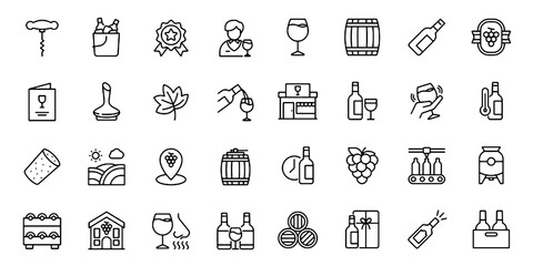 Naklejka premium Wine line editable icon set. Containing wine glass, grape, wine bottle, corkscrew, vineyard, barrel, winery. Editable stroke. Vector illustration.