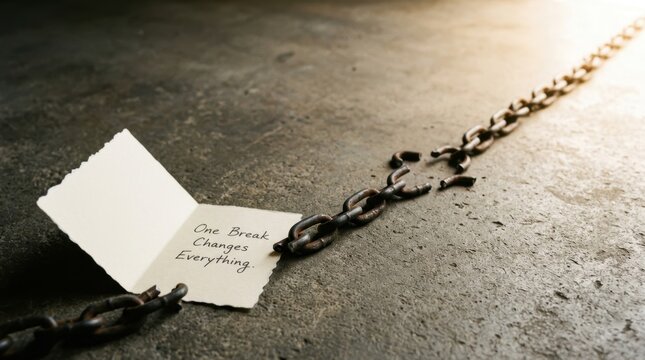 Heavy metal chain snapped on industrial concrete floor with a torn paper note saying one break changes everything representing breakthrough moments, freedom, and major life shifts in