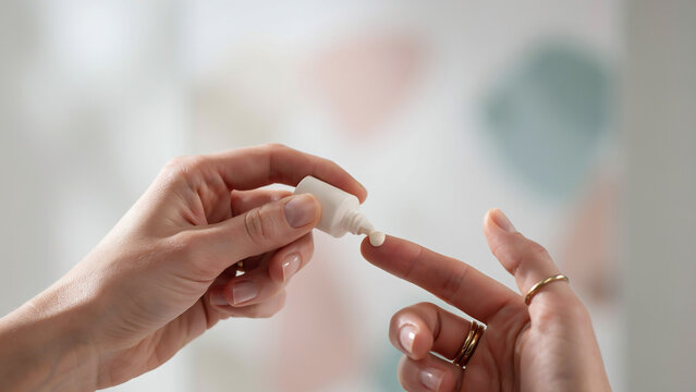 Woman Squeezing Cream from Small Tube onto Finger