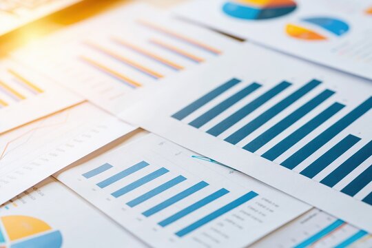 Colorful statistical charts and graphs printed on white paper sheets displaying data analysis results with blue orange and yellow tones