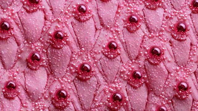 A close-up view of pink lace with sparkling jewels on it.