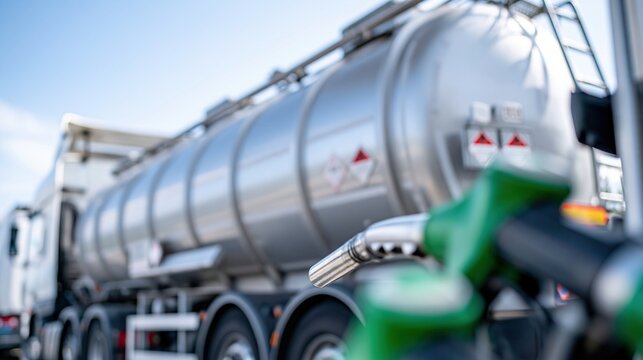 Close-up view of a green fuel pump nozzle with a blurred silver tanker truck in the background under a clear blue sky.