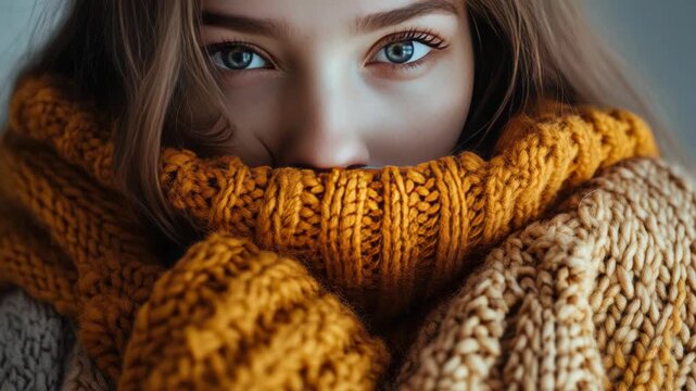 Close-up of woman's face looking down with a knit winter scarf