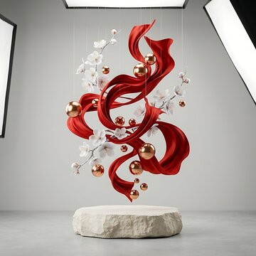 Vibrant red chinese dragon sculpture with floral backdrop, marble base red dragon sculpture