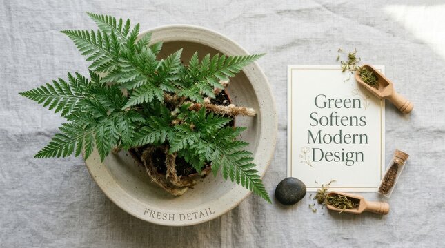 Lush green Davallia fern plant sits in a textured ceramic bowl on a linen surface with gardening tools and a decorative card, perfect for interior design and home gardening content