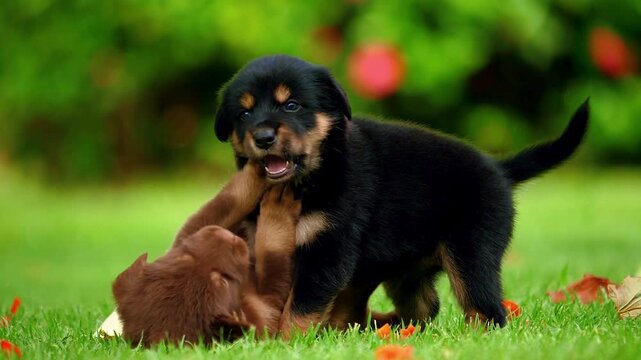 Two adorable Rottweiler puppies playing and wrestling in a vibrant green grass meadow 4k footage capturing energetic canine movement in an outdoor park setting with natural daylight