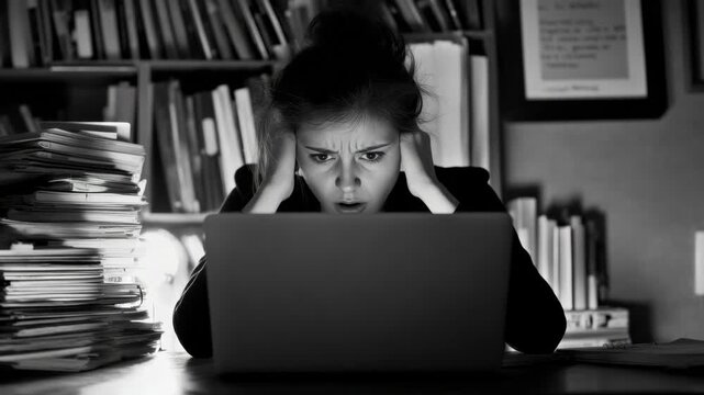 This is a of a woman with frustration or exhaustion, putting her hands on her head while sitting at a desk full of books and papers. She seems to be facing a difficult situation.