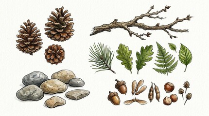 Illustration of Natural Elements: Pine Cones, Stones, Leaves, and Acorns © Mairon
