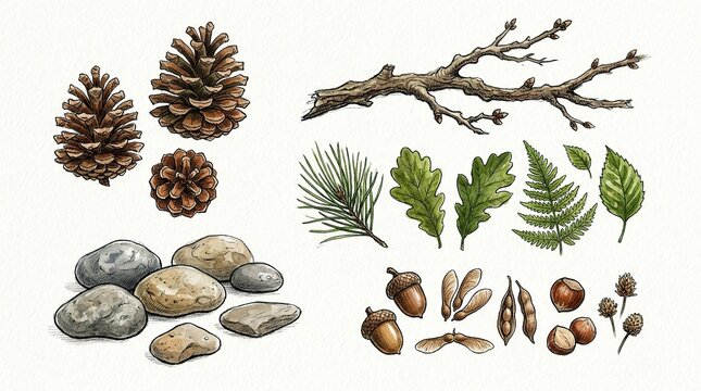 Illustration of Natural Elements: Pine Cones, Stones, Leaves, and Acorns