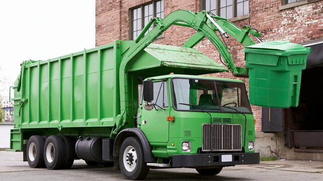 Green garbage truck with mechanical arm lifting a matching green trash bin beside a brick building