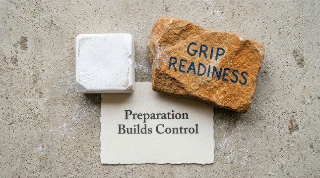 Rough textured stone with grip readiness text alongside white gym chalk and a motivational paper note on a concrete surface, showcasing the focus and preparation required for intense athletic