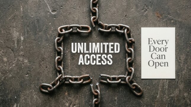 Rusty broken metal chain surrounding unlimited access text on dark stone floor with motivational card saying every door can open representing total freedom and breaking barriers for success and growth