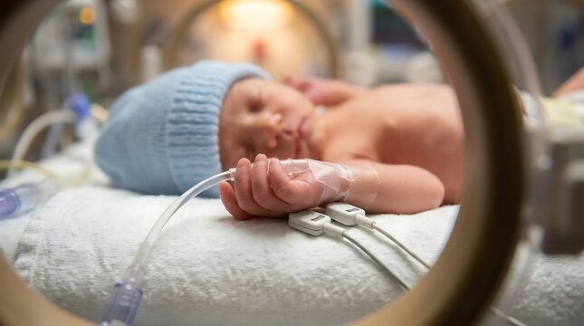 Newborn baby in medical incubator with equipment