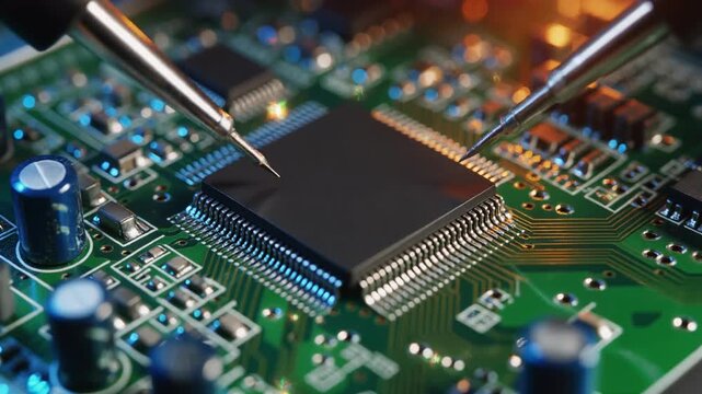 緑の回路基板中央にある黒いICチップの銀色ピンへ二本のはんだごてが集中する