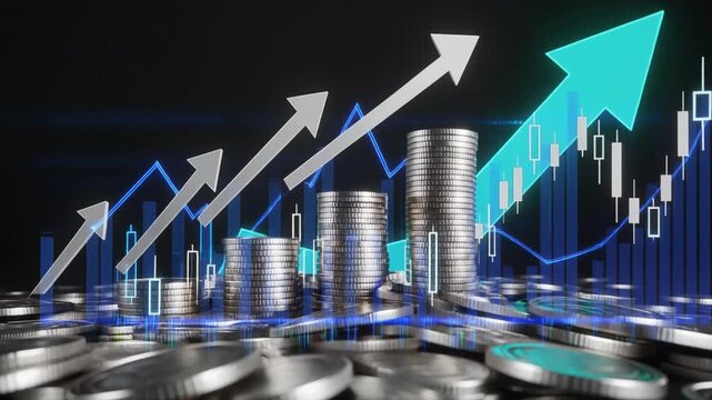 高さの異なる銀色コインの塔から複数の上昇矢印が伸び青い株価チャートが前景に輝く