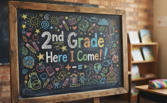 2nd Grade Here I Come Chalkboard Sign in Classroom Back to School Concept for Elementary Students