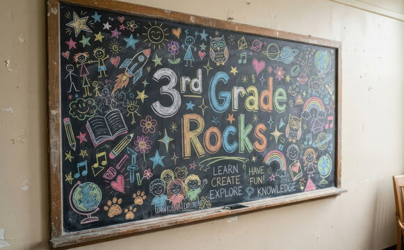 Chalkboard with 3rd Grade Rocks message and colorful educational drawings for elementary school classroom