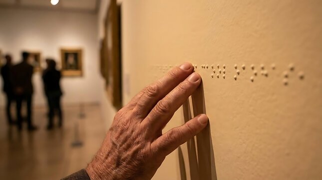Hand feeling Braille dots on museum wall