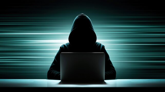 Anonymous figure in dark hoodie typing on laptop against glowing digital background suggesting cybercrime or hacking