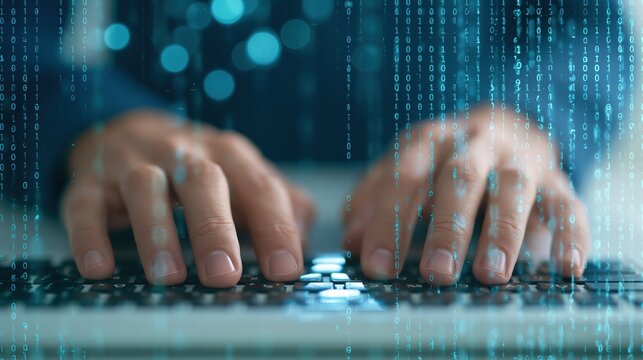 Close up of human hands typing on a laptop keyboard with digital binary code overlay in blue tones