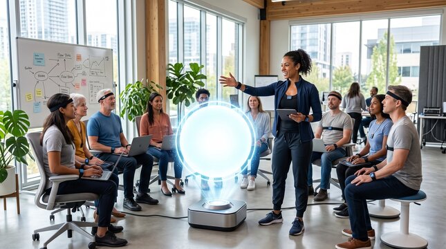 Woman leading a biofeedback training session with a diverse group