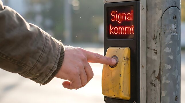 Hand pressing pedestrian signal button on street pole