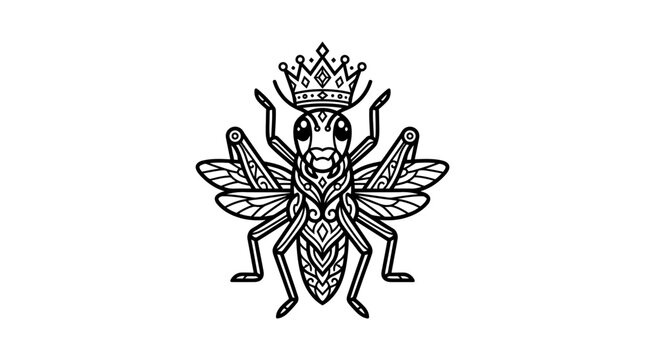 Ornate Grasshopper King with Crown, Black and White Line Art