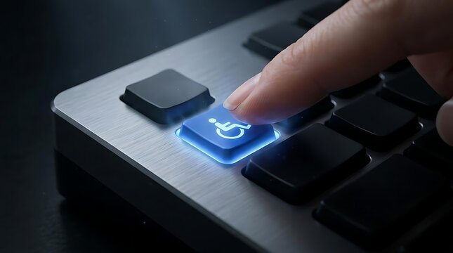 Finger pressing blue disability icon on keyboard