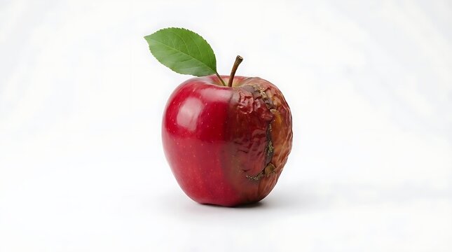 Fresh and rotten red apple with leaf