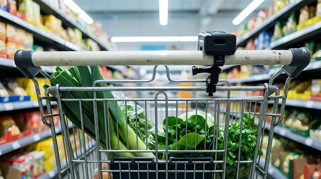 Fresh green vegetables in a supermarket shopping cart