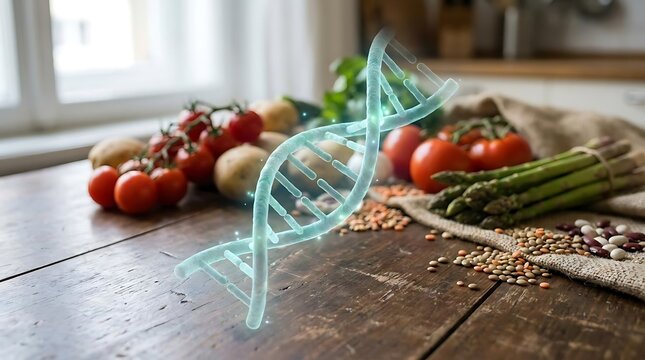 Genetic DNA helix with fresh vegetables on wooden table