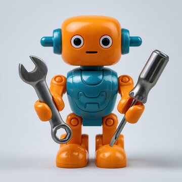 Orange and blue robot toy holding a wrench and screwdriver against a plain white background