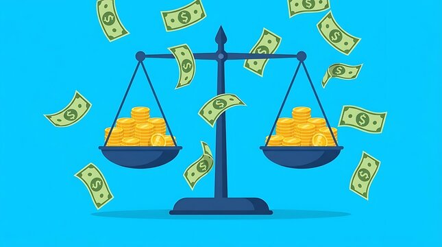 Balance scale with gold coins and floating dollar bills