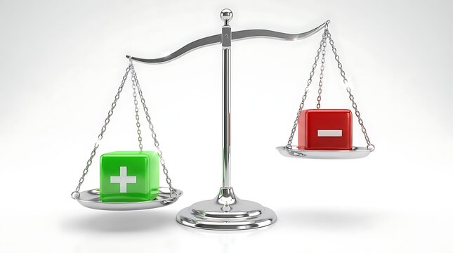 Balance scale with green plus and red minus cube