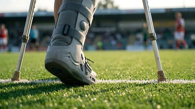 Leg in walking boot with crutches on grass field