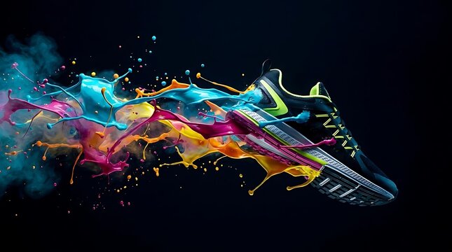 Black running shoe with colorful liquid splash