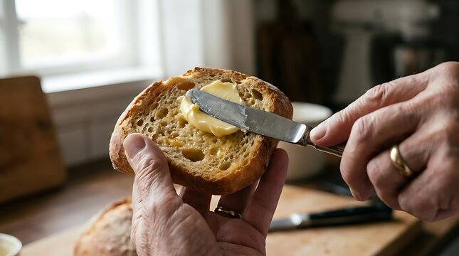 Person spreading butter on toasted bread