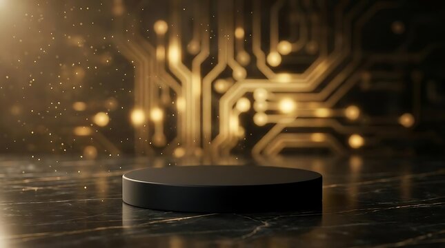 Black circular podium on marble with golden technology background
