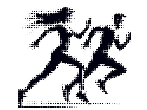halftone pixel silhouettes of running man and woman