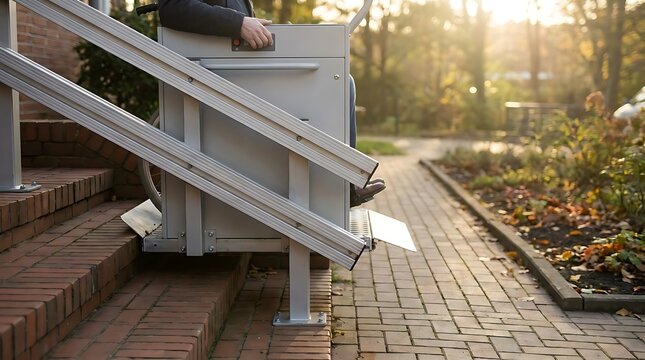 Person using mobility stairlift on outdoor brick stairs