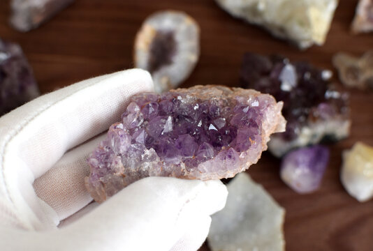 A white-gloved hand holds a druse of purple amethyst against a background of precious stones.